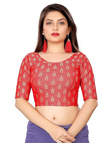 Women's Lycra Stretchable Cotton Jacquard Fully Stitched Blouse for Saree or Lehenga(SC-303-2; Red; X-Large)