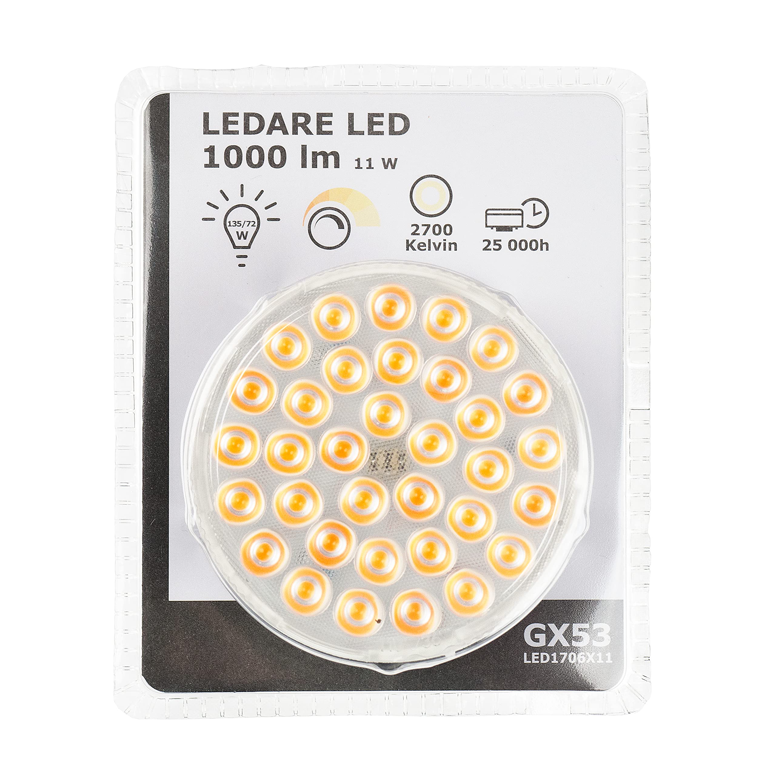 Ikea LEDARE GX53 LED Bulb, 1000 Lumens, 2700 Kelvin, Warm Dimming, 36-110ยฐ Beam Angle, 11 Watts, 105.179.36, White