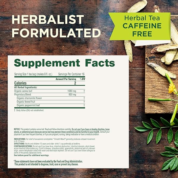 TRADITIONAL MEDICINALS TEA, ORGANIC SMOOTH MOVE CHAMOMILE, RELIEVES OCCASIONAL CONSTIPATION, SENNA, 16 TEA BAGS