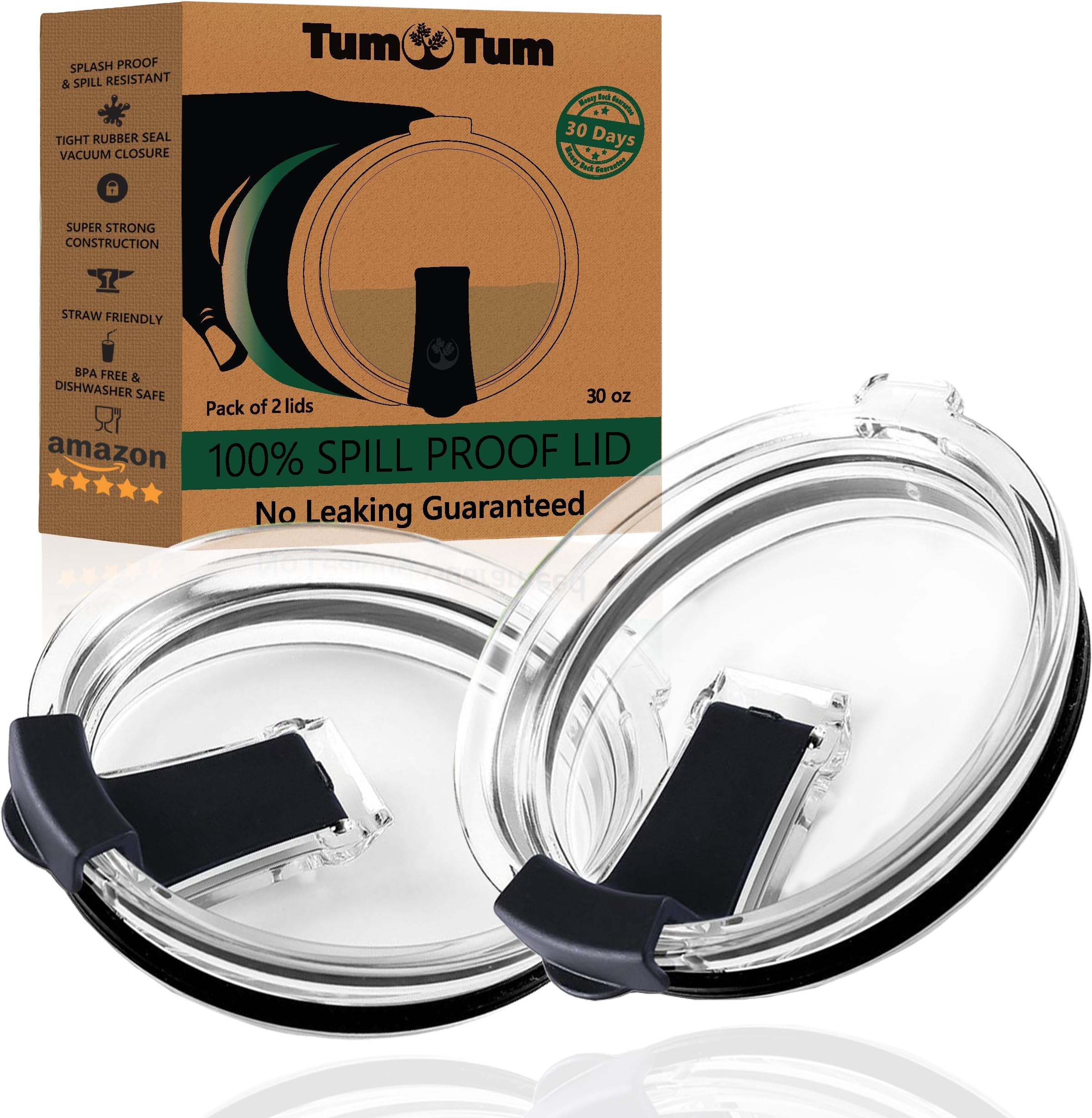TumTum 2 NEW Spill Proof Yeti Lids & Rtic Lids Tumbler 30 oz - No Leak & Splash Resistant Premium Quality - BPA Free Vacuum Black Locking Open Close - Straw Friendly, Fitted Ozark Rambler