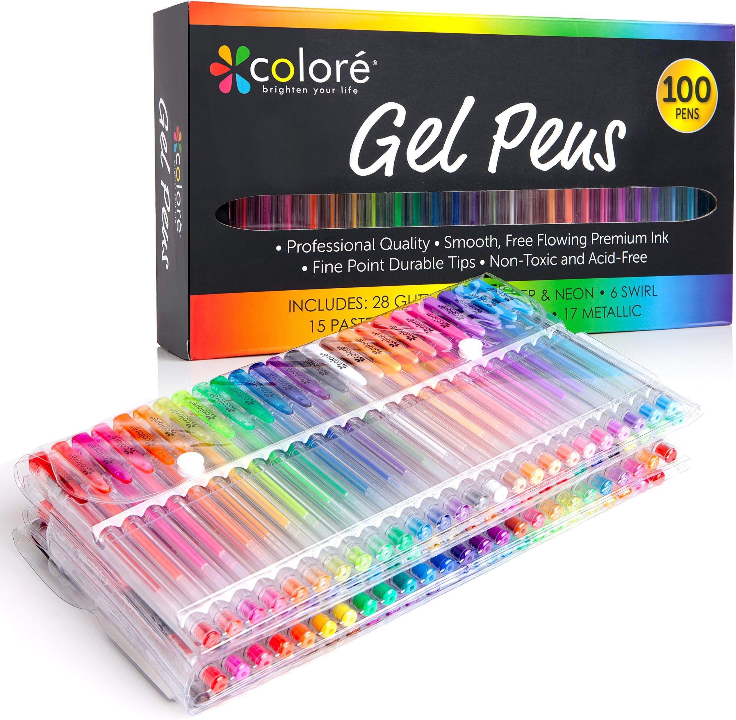 Colore Gel Pens Set of 100 Drawing Art Markers for Adult Coloring Books – Get RARE Colors in Premium Quality Pen Set