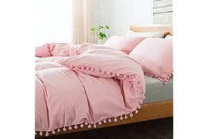 SOFTTA Pink Pom Pom Bedding Set Twin Size Girls Duvet Cover Set 3Pcs Baby Teen Farmhouse Boho Quilt Cover 100% Washed Cotton Solid Pink