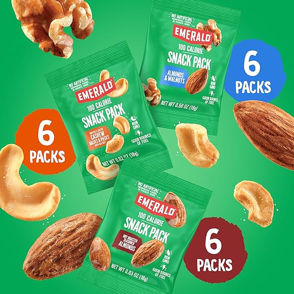 EMERALD NUTS MIXED NUTS VARIETY PACK 18CT (1-PACK) , 100-CALORIE INDIVIDUAL PACKS , FEATURES DRY ROASTED ALMONDS, NATURAL ALMONDS & WALNUTS, AND ROASTED & SALTED CASHEWS