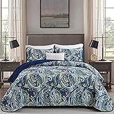 DJY Navy Blue Paisley Quilt Set Queen Size Boho Bedspread Coverlet Set 3 Pieces, Soft Lightweight Microfiber Vintage Navy Gold Paisley Floral Pattern Bedding for All Season, 96''x90''