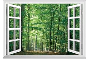 FLFK Fake Window Wall Mural - Jungle Faux Window Wall Sticker for Wall Decor, Stick and Peel Wall Decals,48"x32",Set of 2 She