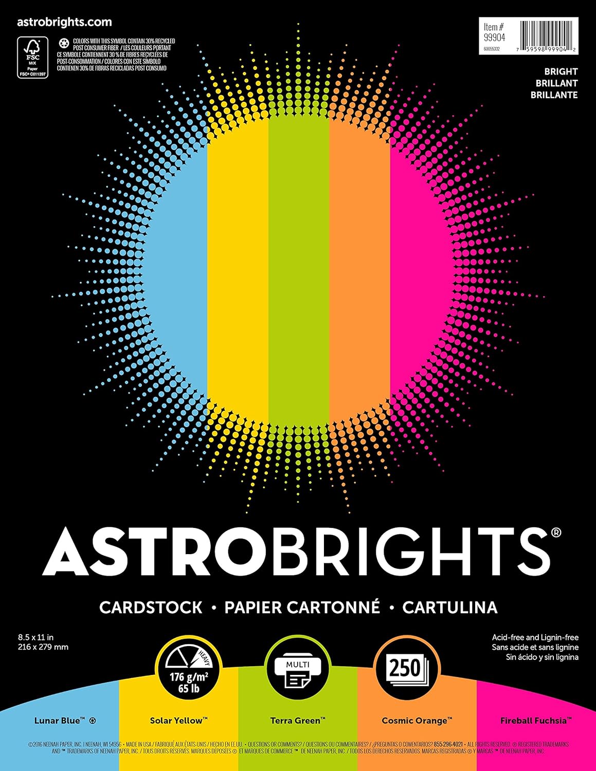 Astrobrights Colored Cardstock, 8.5&rdquo; x 11&rdquo;, 65 lb/176 gsm, &ldquo;Bright&rdquo; 5-Color Assortment, 250 Sheets (99904)