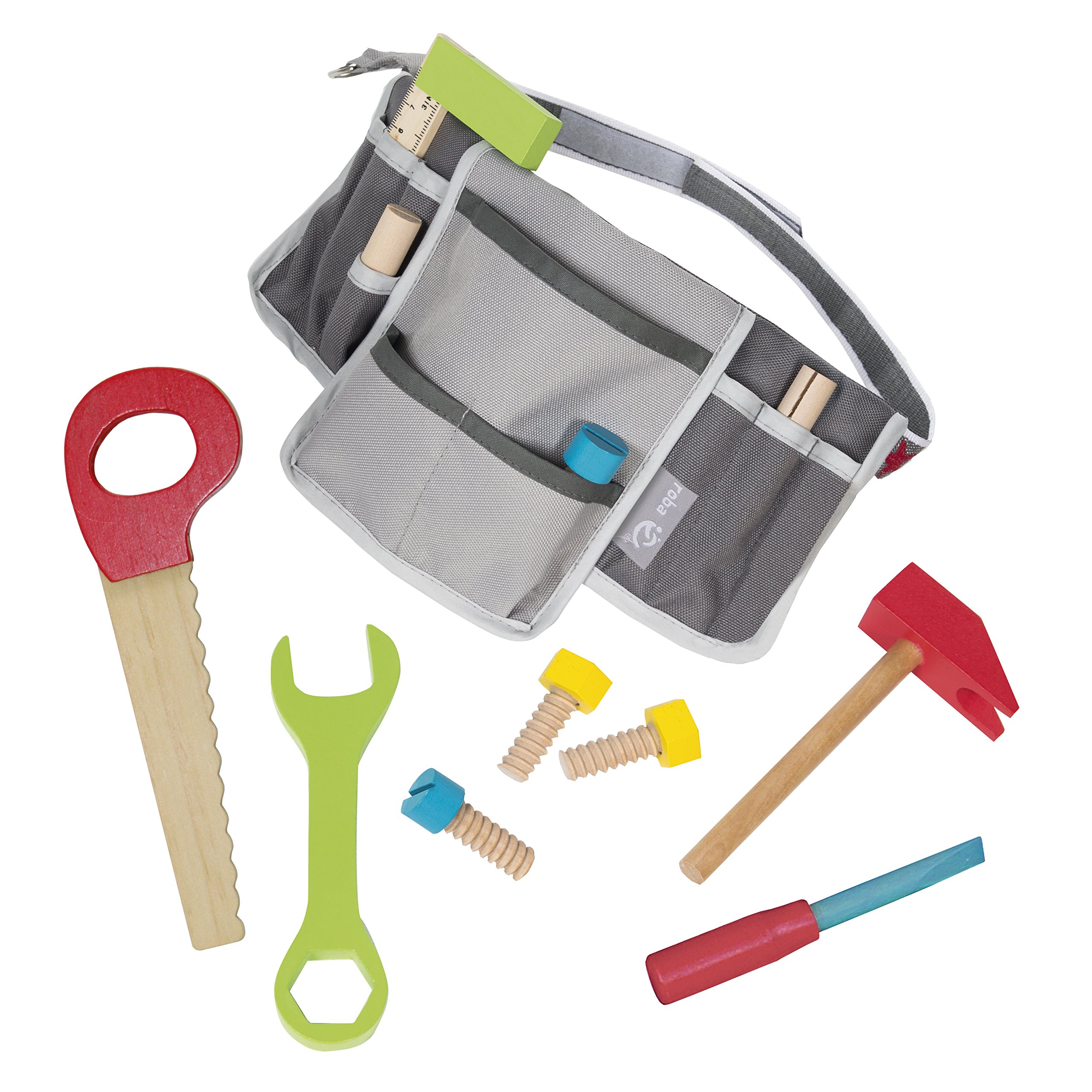 roba Kids Adjustable Tool Belt with Tool Bag with 11 Piece Wooden Tool Set