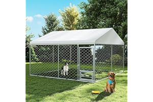 Rovibek 10x10 Ft Dog Kennel Outside, Outdoor Dog Kennel with Roof, Dog Kennels Outdoor with Steel Rotating Feeder Bowls, Outside Kennel for Large Dogs