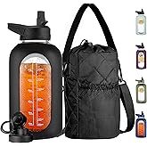 CIVAGO Half Gallon Glass Water Bottle with Straw and Insulated Bottle Holder Sling, 64 oz Motivational Water jug with Time Marker and Silicone Sleeve, Water Flask with 2 Lids, Black