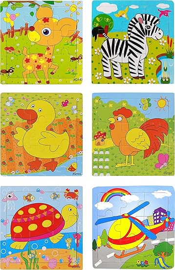 Akrobo Wood Jigsaw Puzzles for Children- Pack of 6 Different Patterns with 9 Piece Puzzle in a Frame Board ( Random Design )