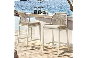 Cozyman Rattan Counter Height Bar Stools Set of 2, 27.5" H Boho Woven Rope Back Outdoor Barstools with Aluminum Legs for Kitchen Patio Garden, Cream