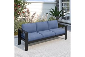 Solaste Aluminum Outdoor Couch, 3-Seat Metal Outdoor Sofa with Water-Resistant Cushion, Weather-Resistant Modern Patio Sofa, Black Frame Blue Cushion