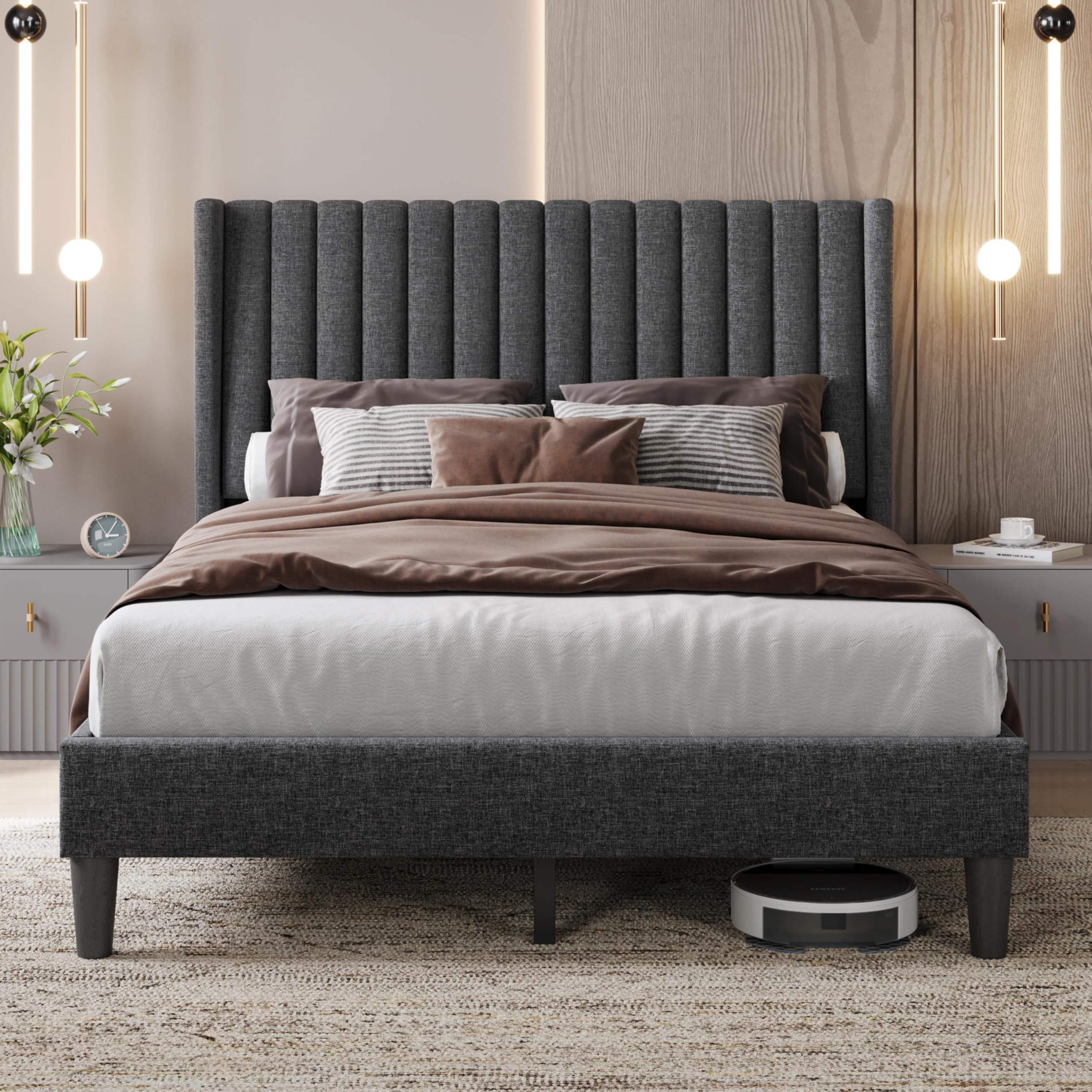 Photo 1 of ** missing headboard side slats only **   Yaheetech Full Bed Frame Upholstered Platform Bed with Fabric Headboard, Wing Edge Design/Non-Slip and Noise-Free/Wooden Slats Support/No Box Spring Needed/Easy Assembly, Dark Gray Full Bed