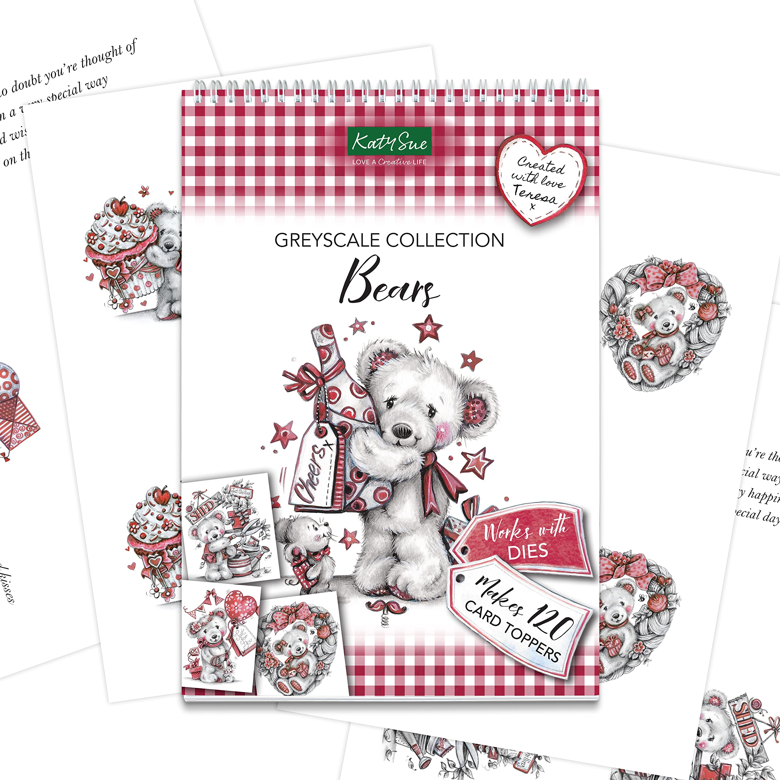 Katy Sue Bears Greyscale Collection Paper Craft Pad for Card Making, Paper Crafting, & Scrapbooking. 40 Sheets of Card Toppers & Verses. Not Die Cut/Not Pre-Cut.