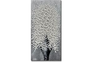 Epicler art 48x24 Inch Hand-painted 3D Flower Art Oil Painting for Wall Decoration White Bouquets Blooming in Vases Home Wall Decoration