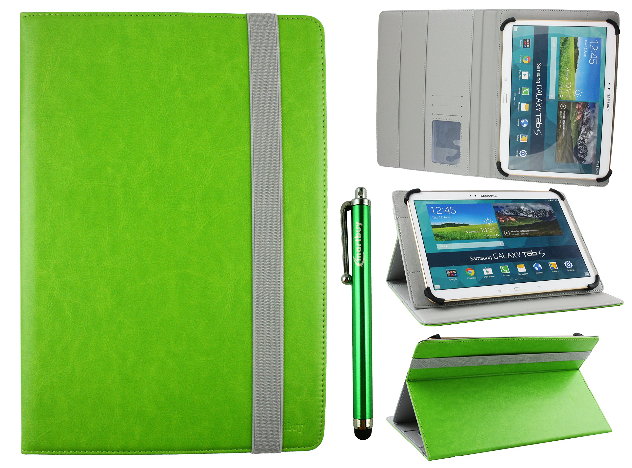Emartbuy Universal 10-11.5 Inch Green Multi Angle Folio Wallet Case Cover With Card Slots Grey Elastic Strap and Stylus Pen Compatible With Selected Devices Listed Below