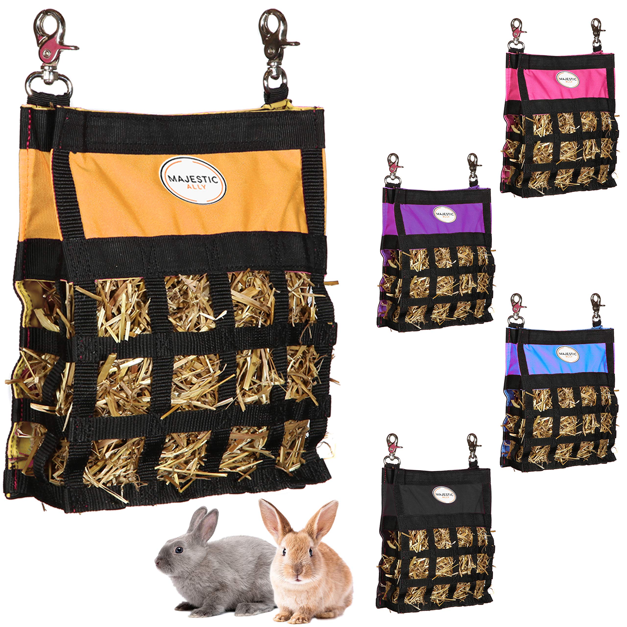 Majestic Ally Guinea Pig & Rabbit Hay Feeder – Premium Quality Highly Durable Nylon – Three Side Open Slow Feed Hay Bag for Small Animals – 5 Lovely Colors (Orange)