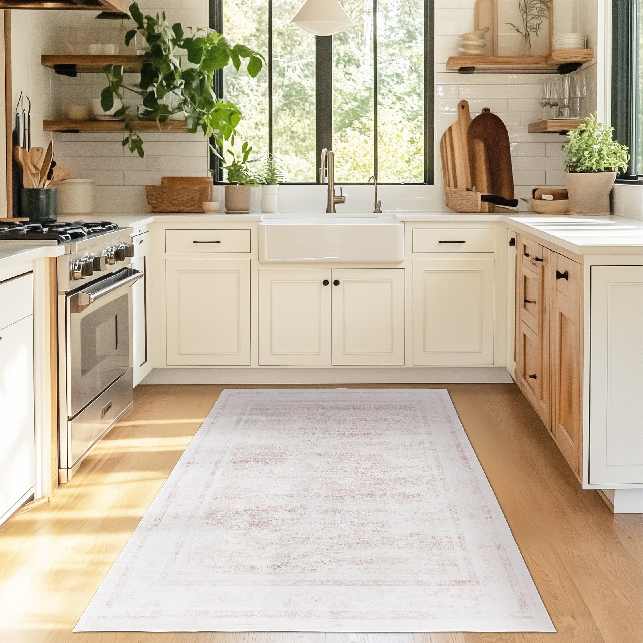 Photo 1 of 4x6 ft Area Rug Pink – Boho Indoor Rug, Machine Washable, Low Pile, Non-Slip, for Living Room, Bedroom, Dining, Office, Playroom
