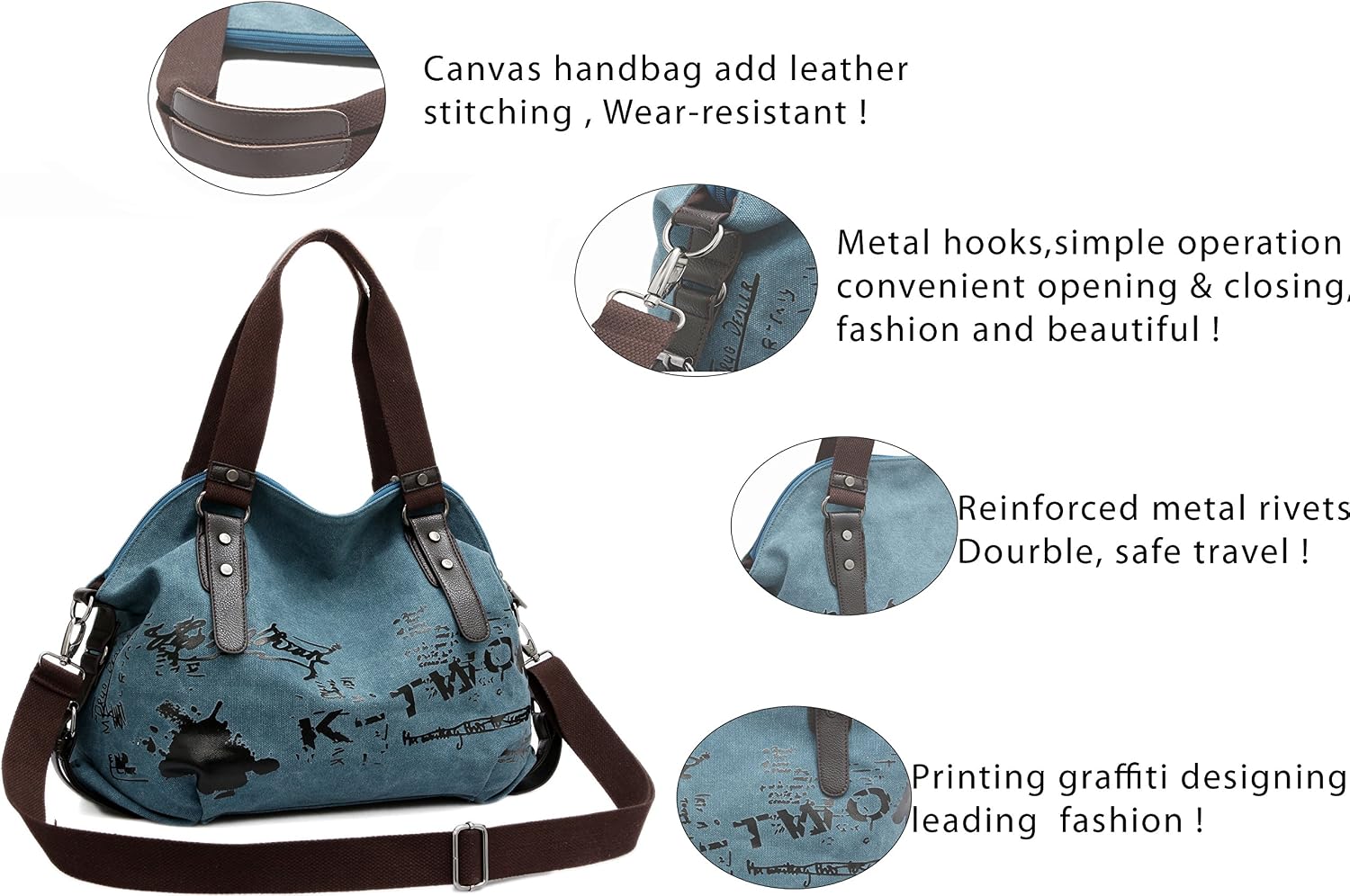 Chikencall Women Ladies Bags Casual Vintage Hobo Canvas Mulit-Pocket Daily Purse Messenger Top Handle Shoulder Large Tote Shopper Handbag Shopping Graffiti European Style Bags - Image 5