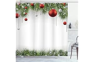 Ambesonne Christmas Shower Curtain, Classical Christmas Ornaments and Baubles Coniferous Pine Tree Twig Tinsel Print, Cloth Fabric Bathroom Decor Set with Hooks, 69" W x 70" L, Green Red