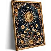 Sun and Moon Celestial Canvas Wall Art Tarot Crescent Moon Wall Decor Pictures Gothic Wildflowers Painting Posters Prints Aesthetic Dark Academia Vibe Artwork for Bedroom Home Decor Framed (12inx16in canvas)