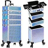 AROUS Rolling Makeup Train Case 4 in 1 Cosmetology Case on Wheels Large Storage Cosmetic Trolley with Key Salon Barber Case Traveling Cart Trunk, Colorful