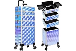 AROUS Rolling Makeup Train Case 4 in 1 Cosmetology Case on Wheels Large Storage Cosmetic Trolley with Key Salon Barber Case Traveling Cart Trunk, Colorful