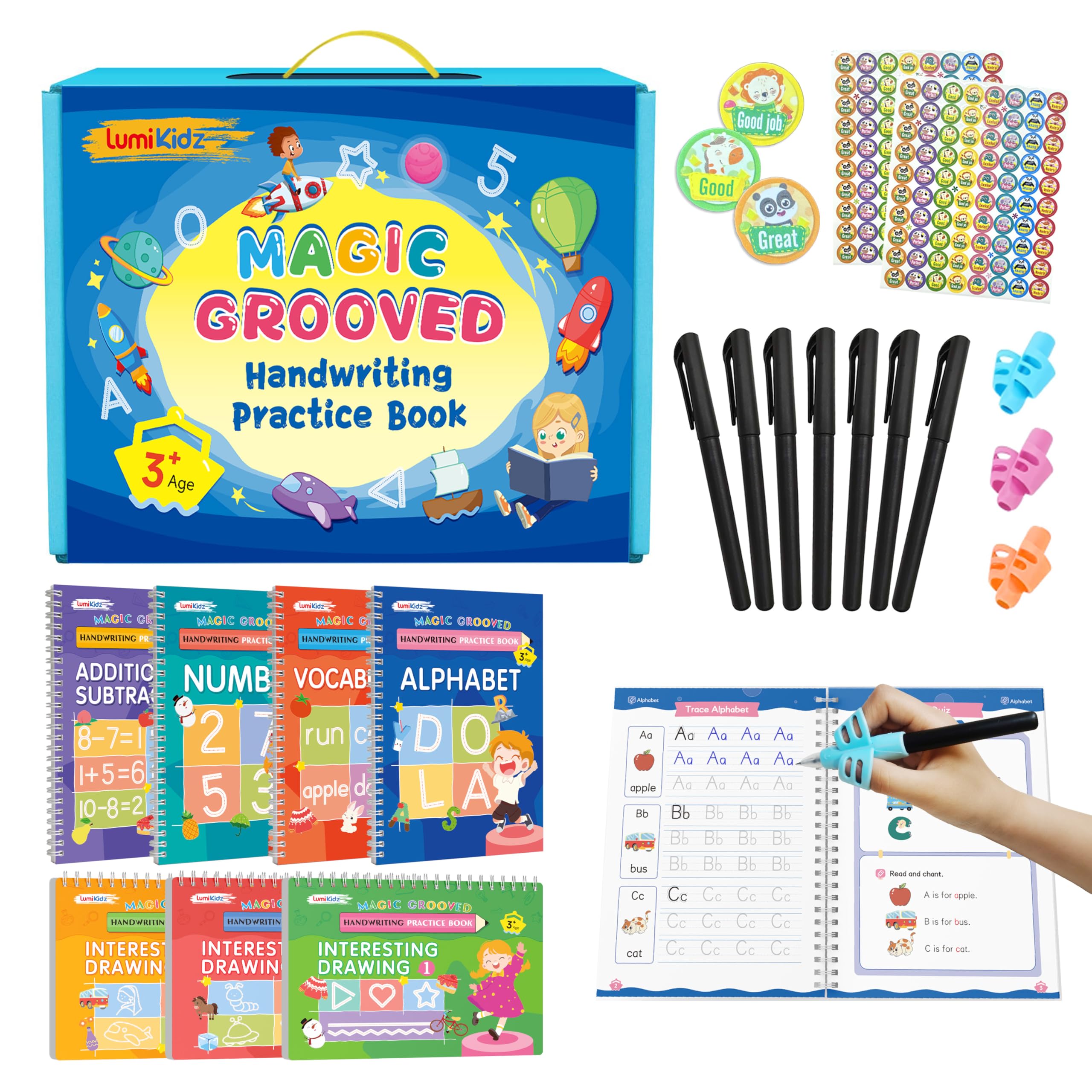 Lumikidz Magic Grooved Writing Practice for Kids Age 3-5, Reusable Grooved Writing Books for Kids - Handwriting Practice for Kids 5–7, Preschool Tracing Book & Learning Activities