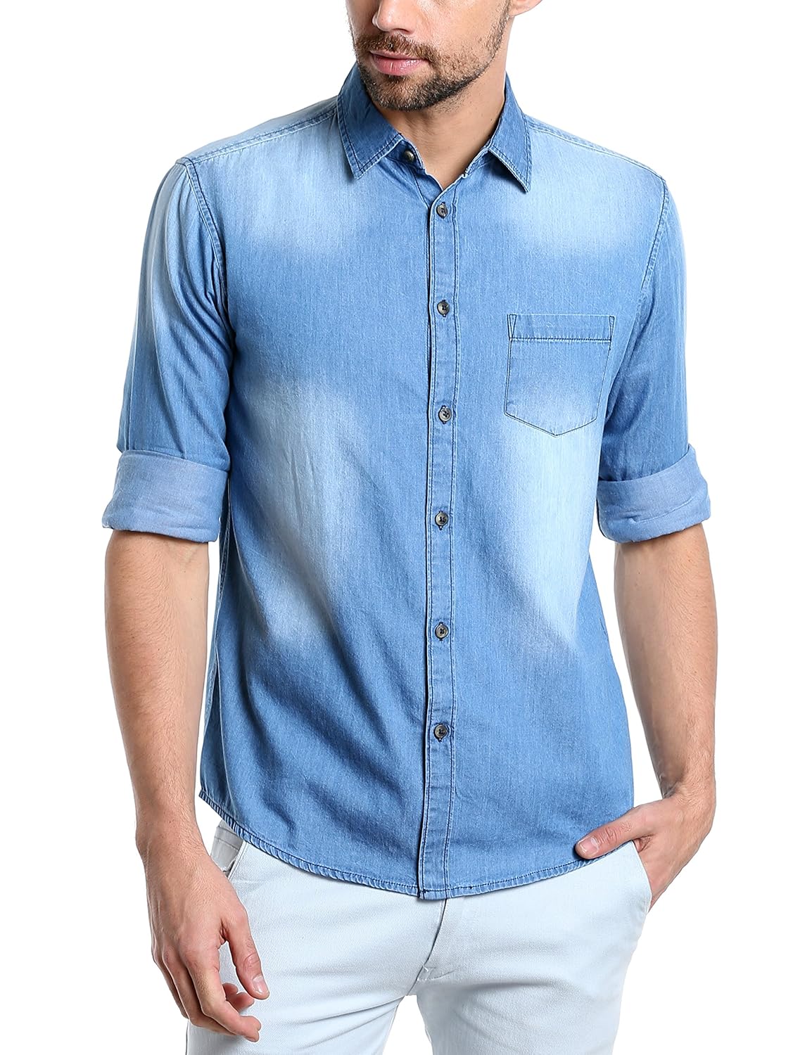 dennis lingo men's denim light blue solid casual shirt