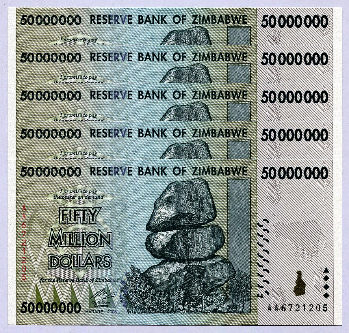 RBZ Collectibles Zimbabwe 50 Million Dollars x 5 2008 UNC, World inflation record, currency banknotes …