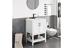Yaheetech 24" Modern Bathroom Vanity with Sink, Bathroom Sink Cabinet with Rectangular Ceramic Basin, Bathroom Vanities Cabinet with 2 Doors and 1 Open Shelf, White
