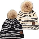 Funky Junque Women’s Pom Pom Beanie – Soft Knit Winter Hat for Women & Teens, Leopard & Zebra Fashion Animal Print Beanies