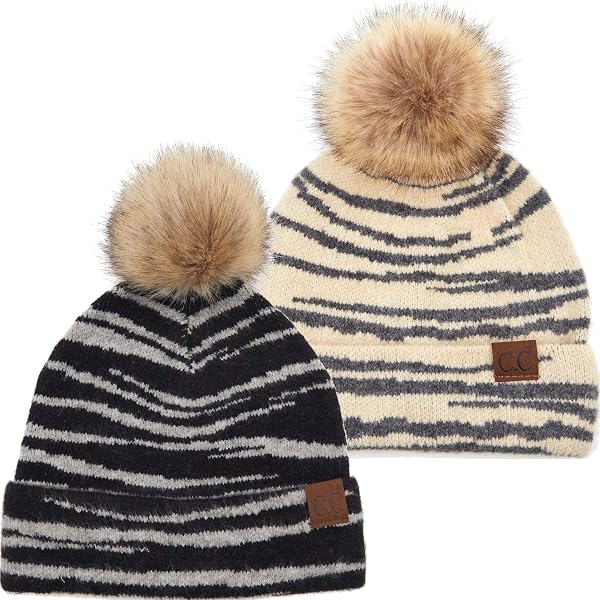 Women's Leopard Print Knitted Beanie Hat - Warm Winter Pom Pom Hat