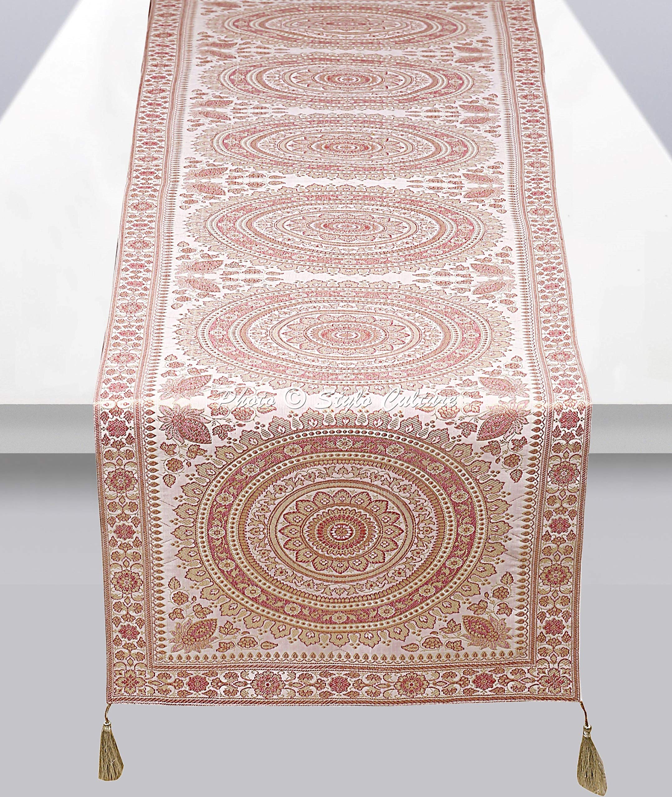 Stylo Culture Indian Table Runner For Coffee Table White Gold Decorative Round Mandala Jacquard With Tassel Home Decor Reception Table Cloth Brocade Rectangle Tablecloth Placemat 68x16 Inches