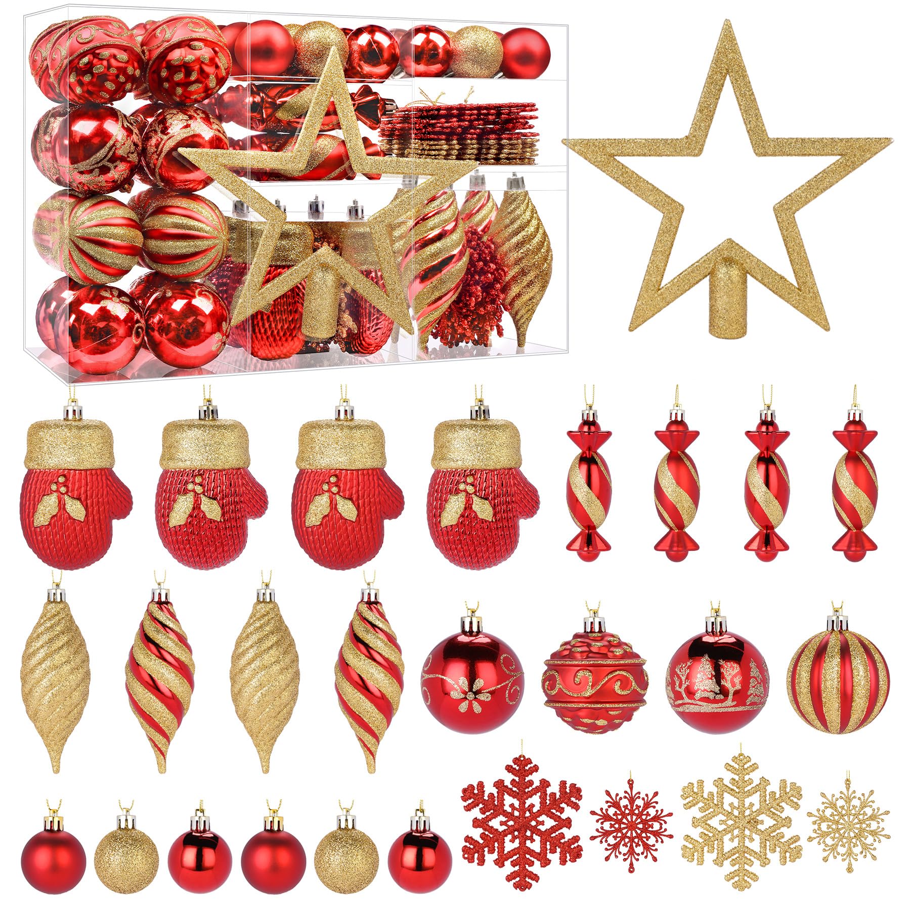 Alupssuc 80pcs Multi-Shaped Christmas Baubles Ornaments Set With Hooks,Christmas Tree Decorations,Shatterproof Plastic Decorations for Holiday, Party & Wedding,Red & Gold