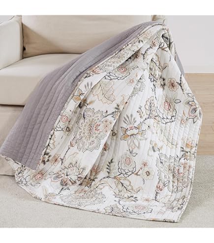 Levtex Sanira Gesteppter Überwurf 127x152 Cm – Blumenmuster In Beige/Weiß, Wendbar, 100% Baumwolle, Für Bett Oder Sofa