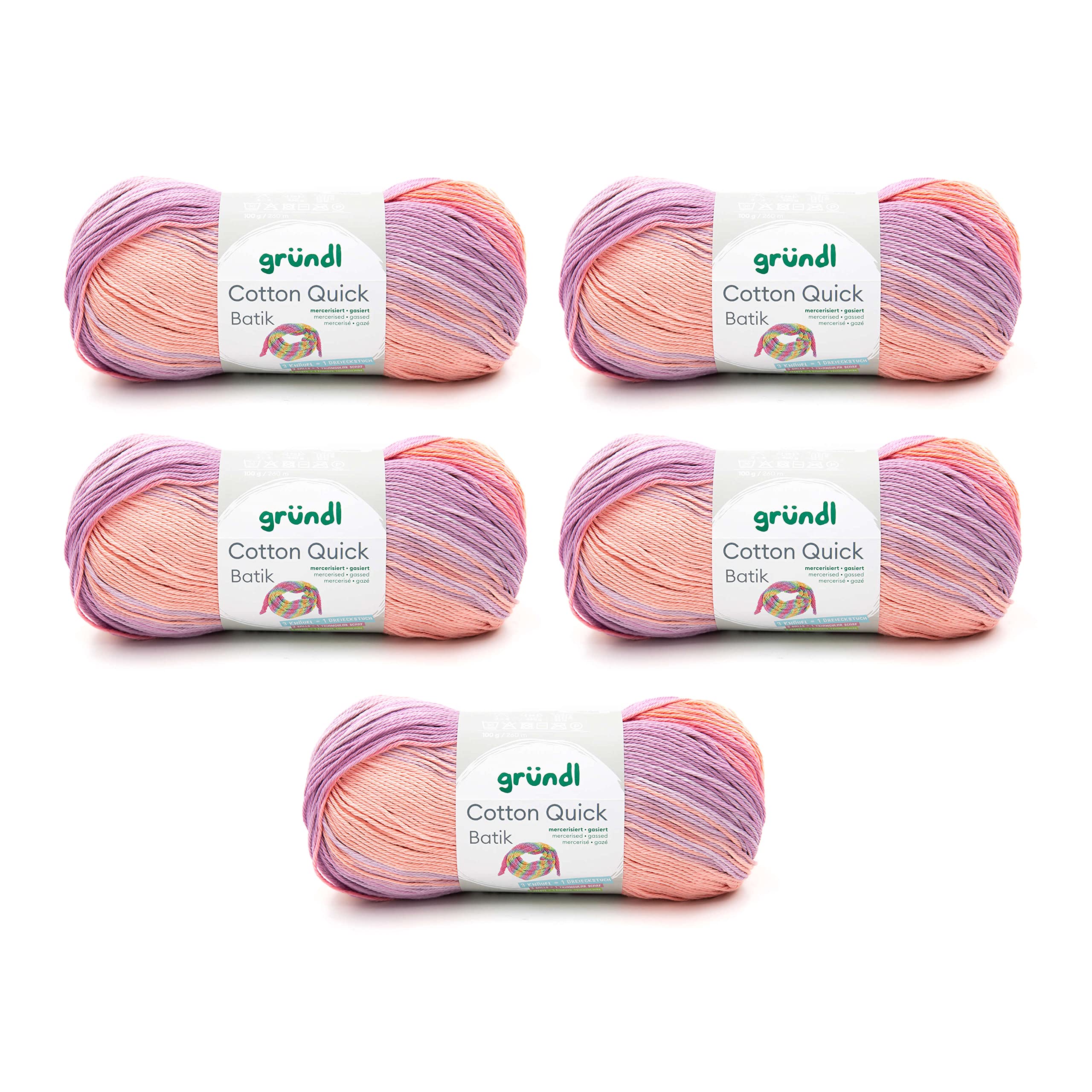 Gründl Wool Cotton Quick Batik Knitting Yarn/Crochet Yarn (Yarn with Colour Gradient 100% Cotton, Oeko-Tex Certified, 100 g / 260 m, Needle Size: 3-4, 5 x 100 g), Cream/Pink/Lilac