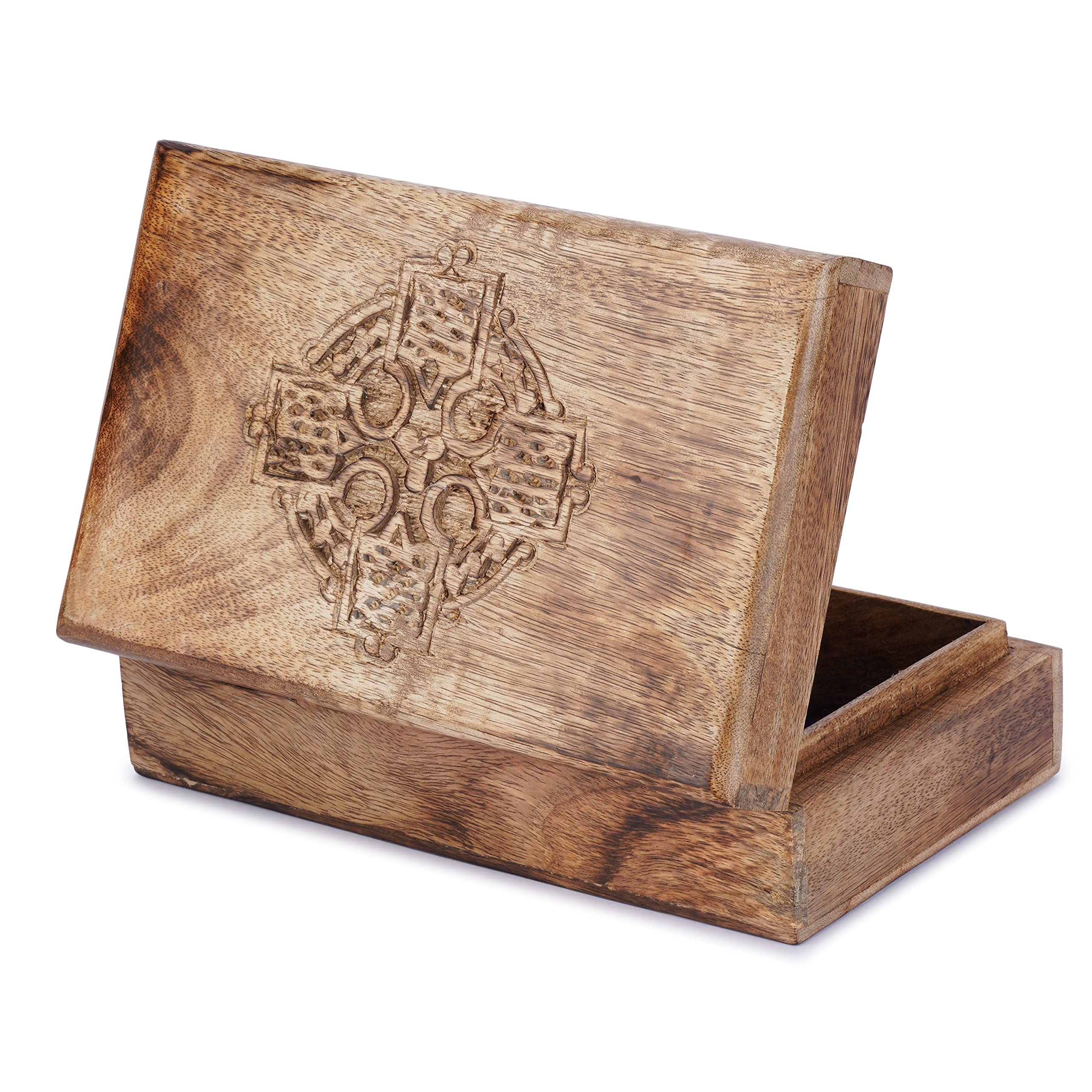 Ajuny Handmade Wooden Jewellery Box with Cross Design – Carved Mango Wood Keepsake Trinket & Memory Storage, Rustic Treasure Chest Organiser, Decorative Gift for Men & Women - 8X5 inch