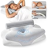 Cervical Neck Pillow for Sleeping, Dreamers Relief Pillow, Side Sleeper Pillow for Adults, Adjustable Height Memory Foam Pillow and Detachable Roll, Back & Stomach Sleeping Neck Pain Relief (Gray)