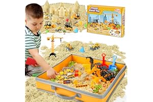 Billeeit Sand Construction Kit with Big Foldable Sandbox and 2.2lbs Moldable Sensory Play Sand, Truck Toys Including Castle Molds and Other Accessories - 36Pc Set for Kids 3+