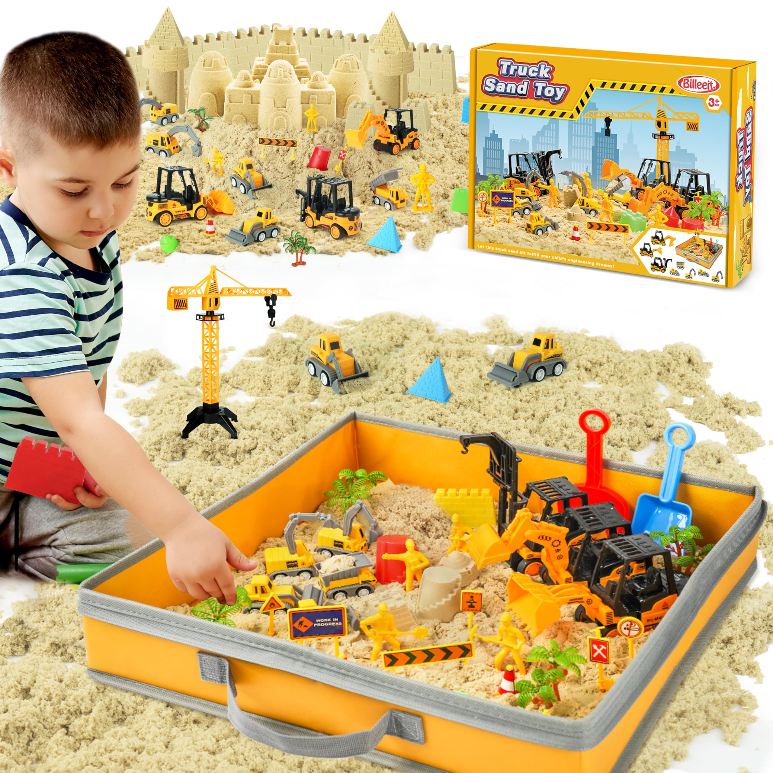 Billeeit Sand Construction Kit with Big Foldable Sandbox and 2.2lbs Moldable Sensory Play Sand, Truck Toys Including Castle Molds and Other Accessories - 36Psc Set Easter Gifts for Kids 3+