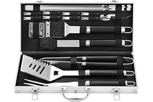 grilljoy 20PCS Heavy Duty BBQ Grill Tools Set - Extra Thick Stainless Steel Spatula, Fork& Tongs. Complete Barbecue Accessories Kit in Aluminum Storage Case - Perfect Grill Gifts for Men