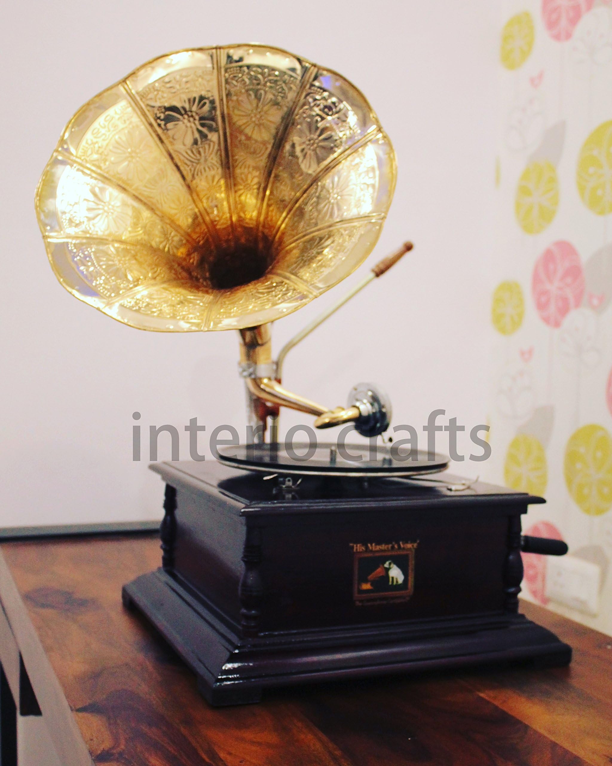 Interio Crafts HMV Gramophone Record Player | HMV Record Player | Antique Finish Carving Vintage Style Gramophone Player (One Record, Ten Pins, One Sound Box, One Key and Manual)