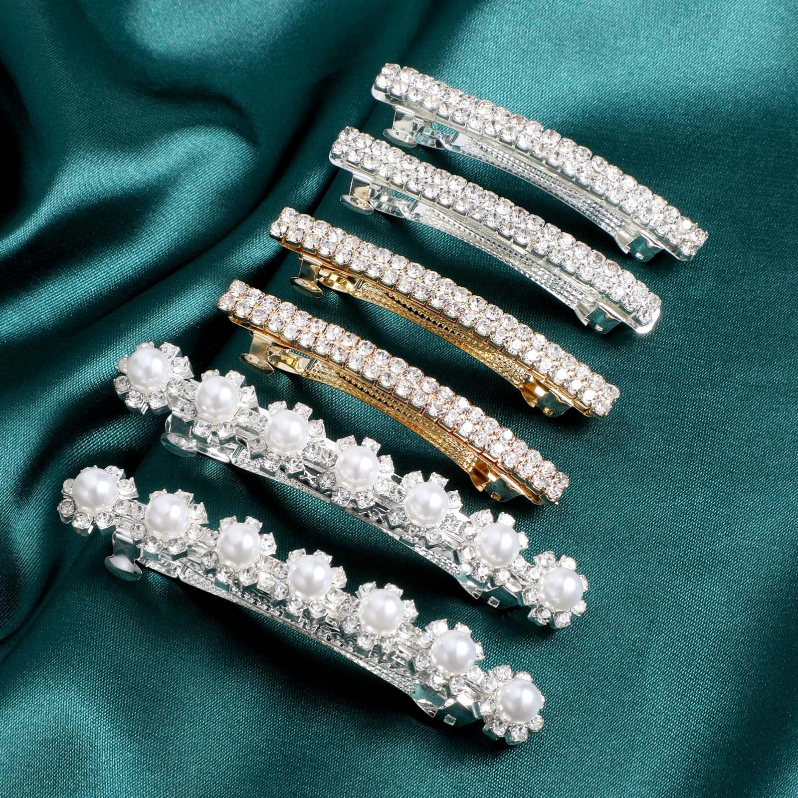 6Pcs Sparkly Rhinestone Hair Clips and Barrettes With Pearls - Small Silver Side Clips for Ponytail - Bling Accessories for Women and Girls
