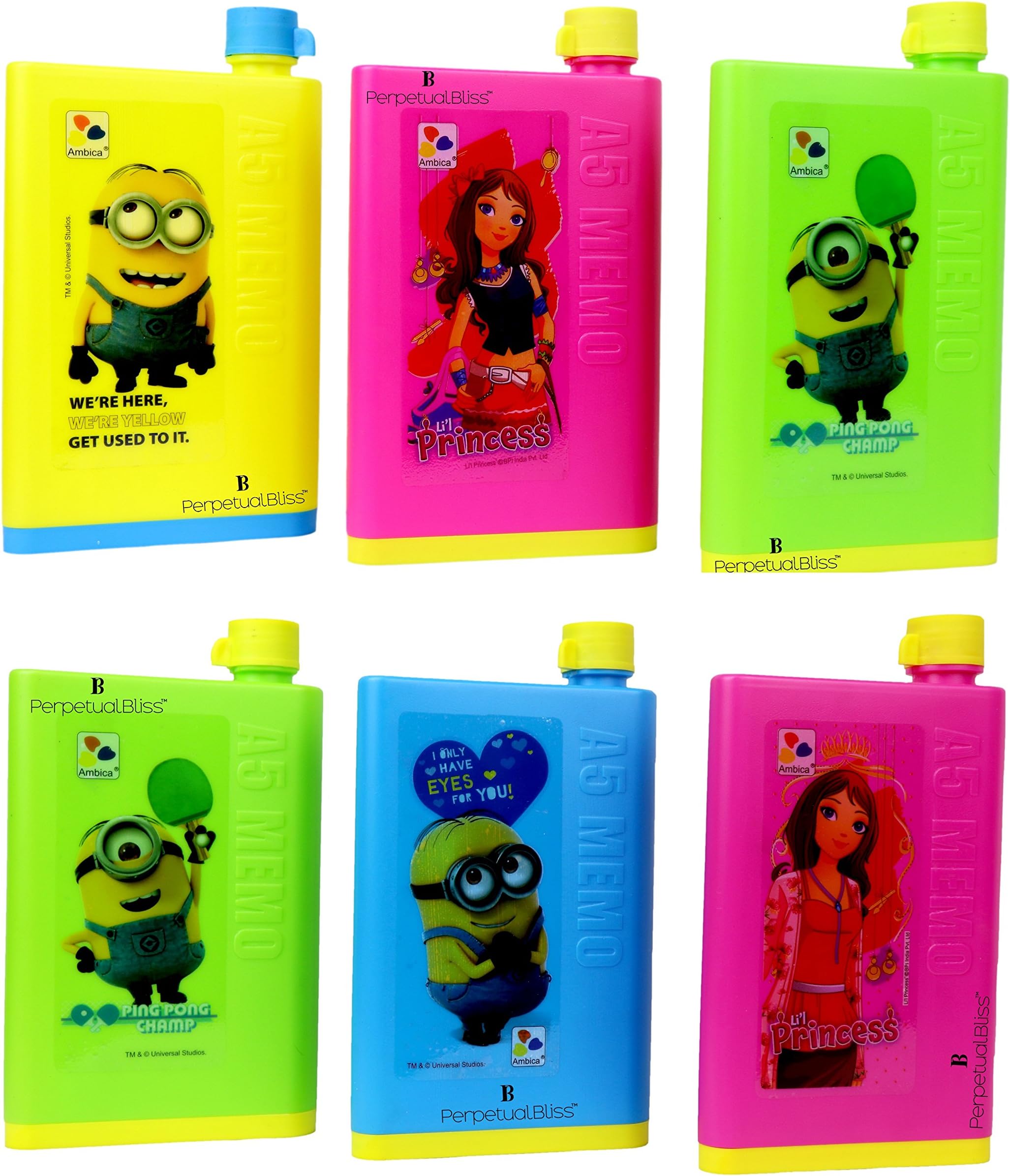 Laxmi Collection Perpetual Bliss (Pack of 6) Fancy Notebook Style Minions Water Bottle/Flat/Portable/Slim/Gifts for Kids Birthday Party