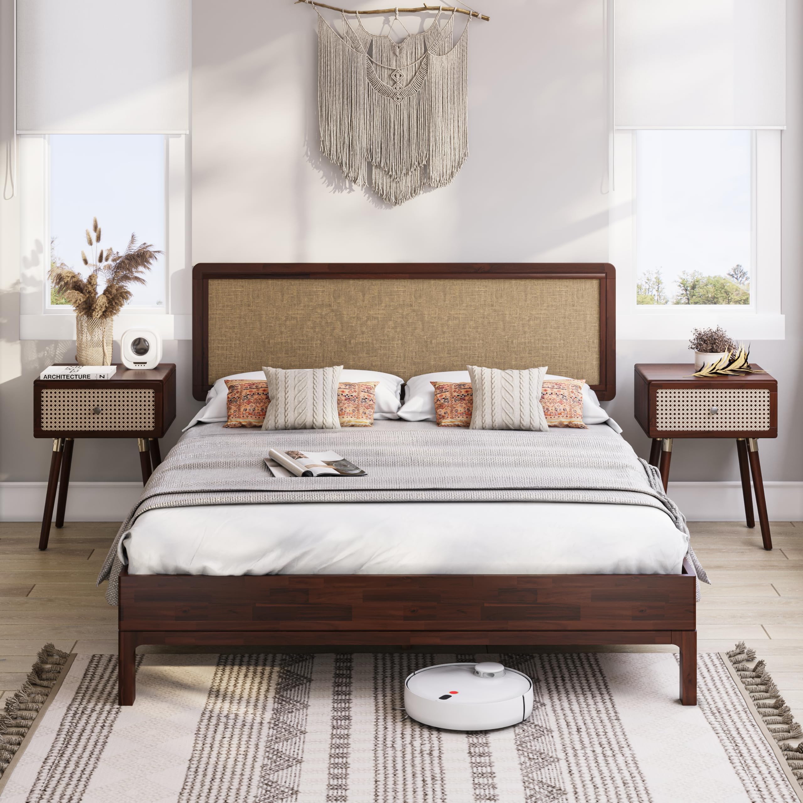 Photo 1 of Bme Nipe Queen 14 Inch Bohemian Bed Frame with Adjustable Woven Headboard - Rustic & Vintage Unique Style with Acacia Wood - No Box Spring Needed - Easy Assembly - Walnut