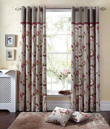 Vintage Floral Curtains 90x72 Natural Beige Cream Cotton Shabby