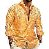 Barry.Wang Men's Silk Shirts Button Down Dress Shirt for Men Satin Paisley Floral Long Sleeve Cowboy Casual Mexico Shirts