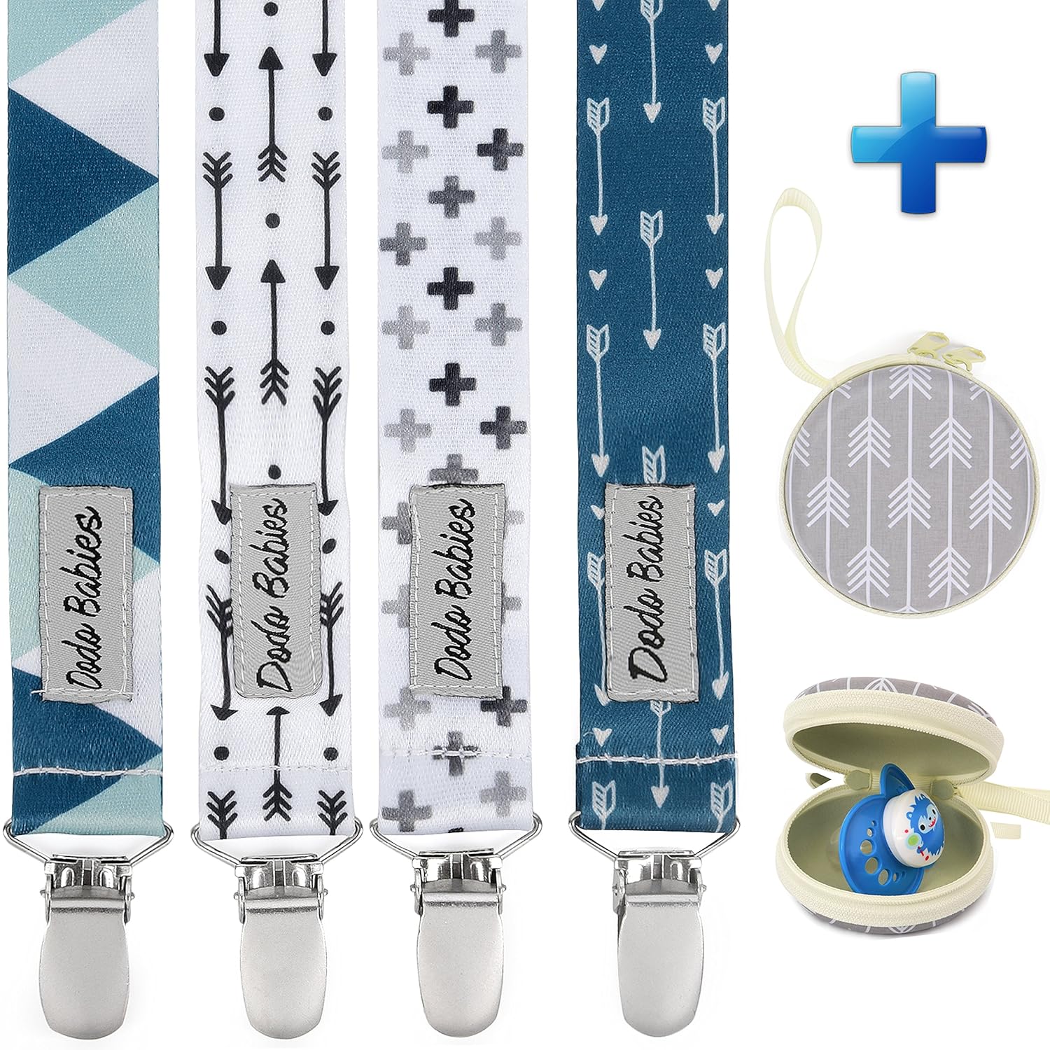 Pacifier Clip by Dodo Babies Pack of 4 + Pacifier Case, Premium Quality Modern Designs Universal Holder Leash for Boys and Girls, Teething Toy or Soothie, Baby Shower Gift Set : Baby