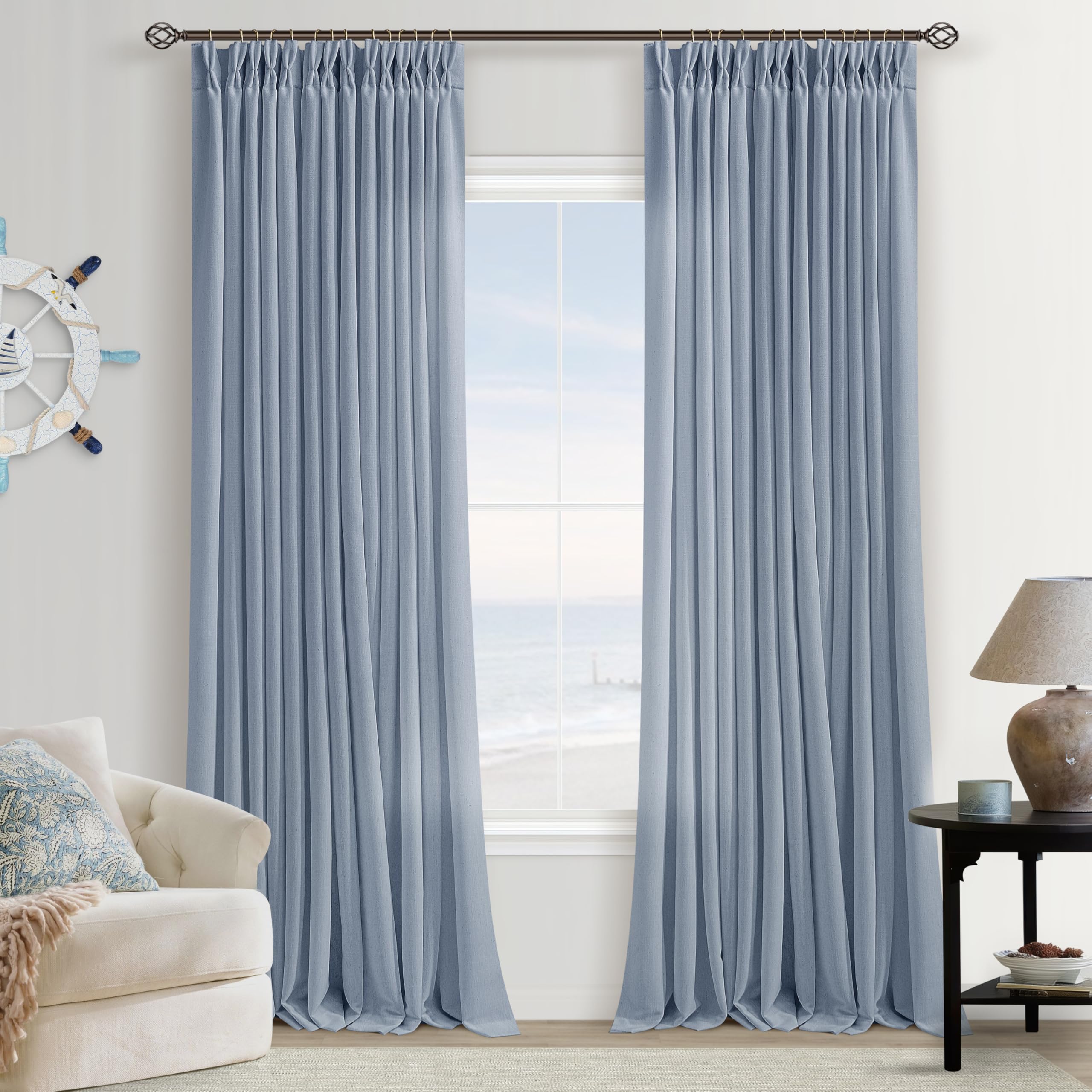 Photo 1 of Dusty Blue Linen Curtains 96 Inches Long Memory Shape Trained Pinch Pleated Curtain for Living Room with Hooks Rings Back Tab Pinch Pleat Curtains 96 Inch Length for Bedroom Dining Room Blue Grey